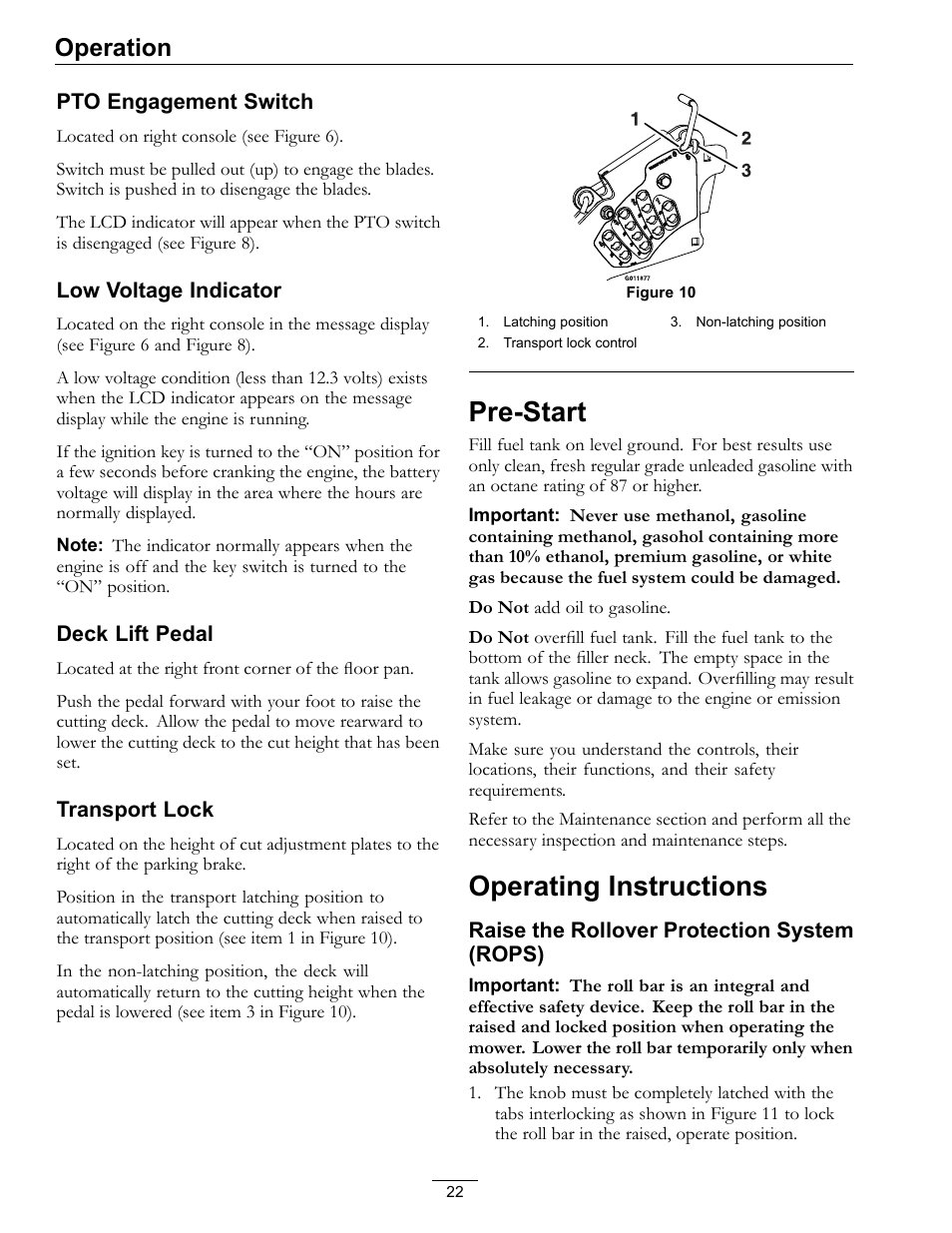 Pre-start operating instructions, Pre-start, Operating instructions | Operation | Exmark lazer Z E-Series 312 User Manual | Page 22 / 60
