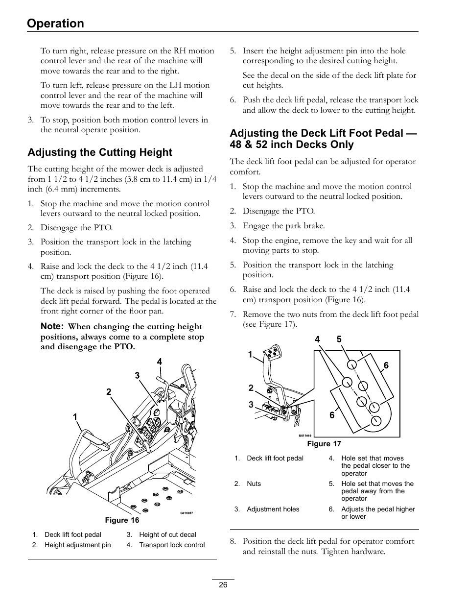 Operation, Adjusting the cutting height | Exmark lazer Z E-Series 312 User Manual | Page 26 / 60