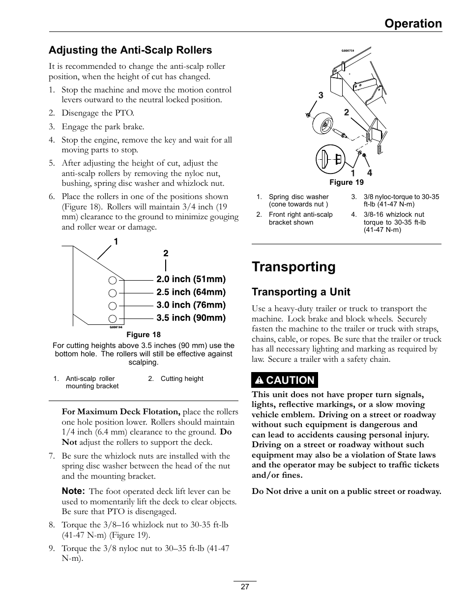 Transporting, Operation, Adjusting the anti-scalp rollers | Transporting a unit, Caution | Exmark lazer Z E-Series 312 User Manual | Page 27 / 60