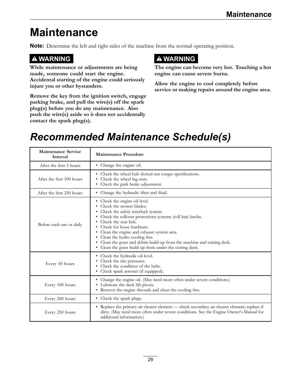 Maintenance, Recommended maintenance schedule(s), Warning | Exmark lazer Z E-Series 312 User Manual | Page 29 / 60