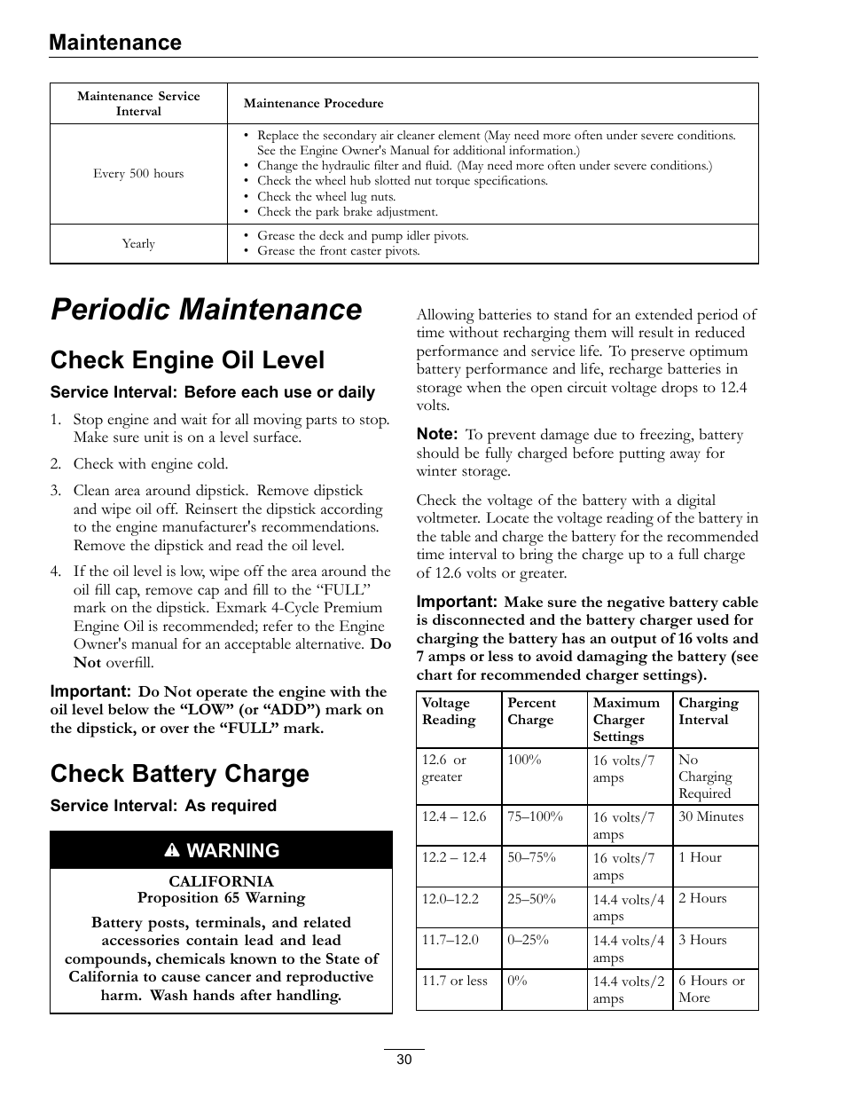 Periodic maintenance, Check engine oil level, Check battery charge | Maintenance | Exmark lazer Z E-Series 312 User Manual | Page 30 / 60