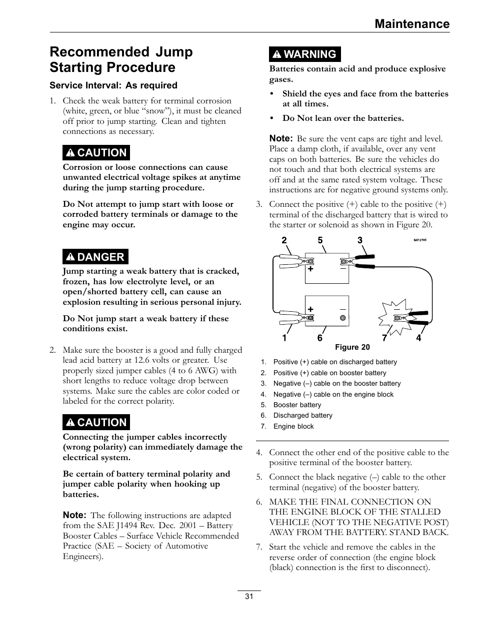 Recommended jump starting procedure, Maintenance, Caution | Danger, Warning | Exmark lazer Z E-Series 312 User Manual | Page 31 / 60