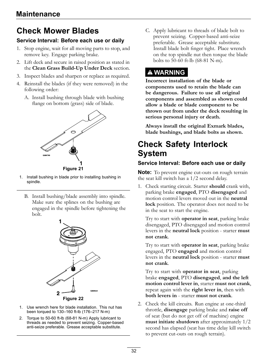 Check mower blades check safety interlock system, Check mower blades, Check safety interlock system | Maintenance | Exmark lazer Z E-Series 312 User Manual | Page 32 / 60