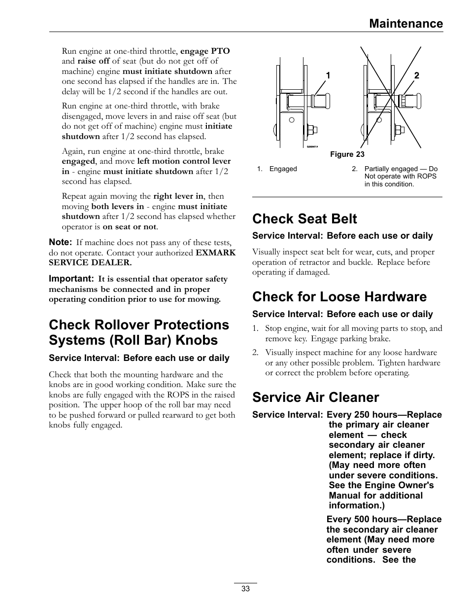 Check rollover protections systems (roll, Bar) knobs, Check seat belt | Check for loose hardware, Service air cleaner, Maintenance | Exmark lazer Z E-Series 312 User Manual | Page 33 / 60