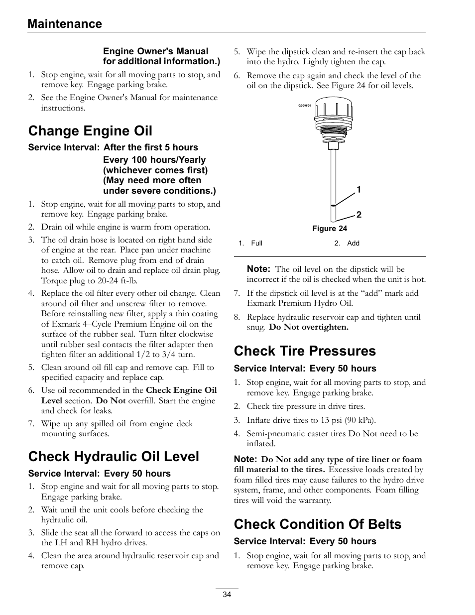 Change engine oil, Check hydraulic oil level, Check tire pressures | Check condition of belts, Maintenance | Exmark lazer Z E-Series 312 User Manual | Page 34 / 60