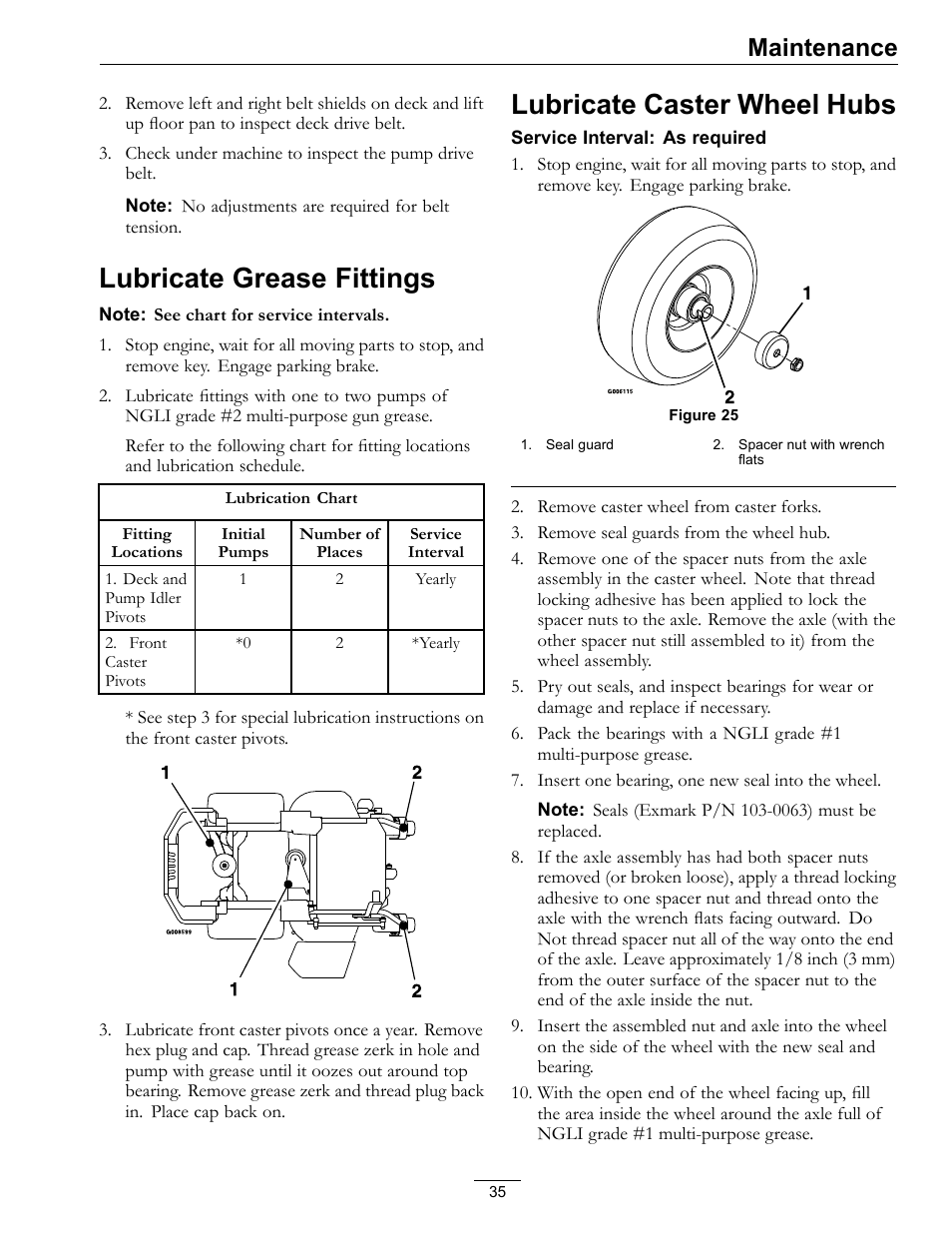 Lubricate grease fittings, Lubricate caster wheel hubs, Maintenance | Exmark lazer Z E-Series 312 User Manual | Page 35 / 60