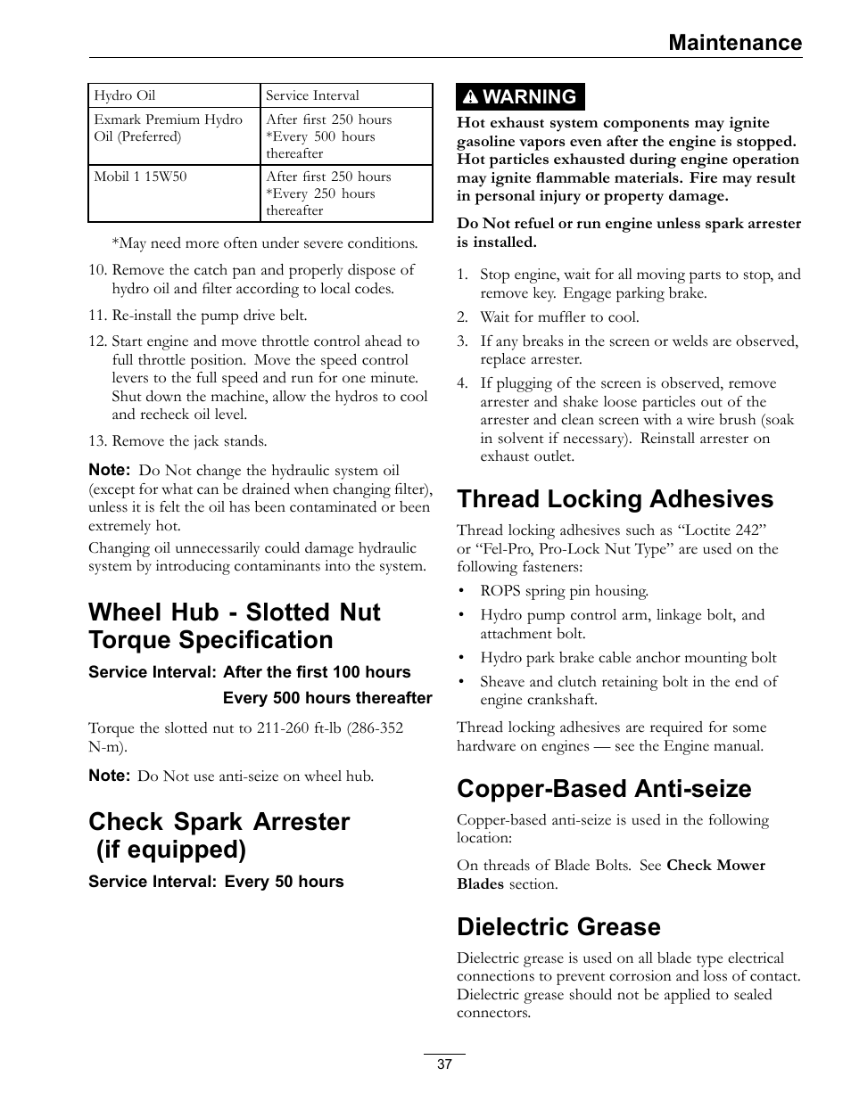 Wheel hub - slotted nut torque, Specification, Wheel hub - slotted nut torque specification | Check spark arrester (if equipped), Thread locking adhesives, Copper-based anti-seize, Dielectric grease, Maintenance | Exmark lazer Z E-Series 312 User Manual | Page 37 / 60