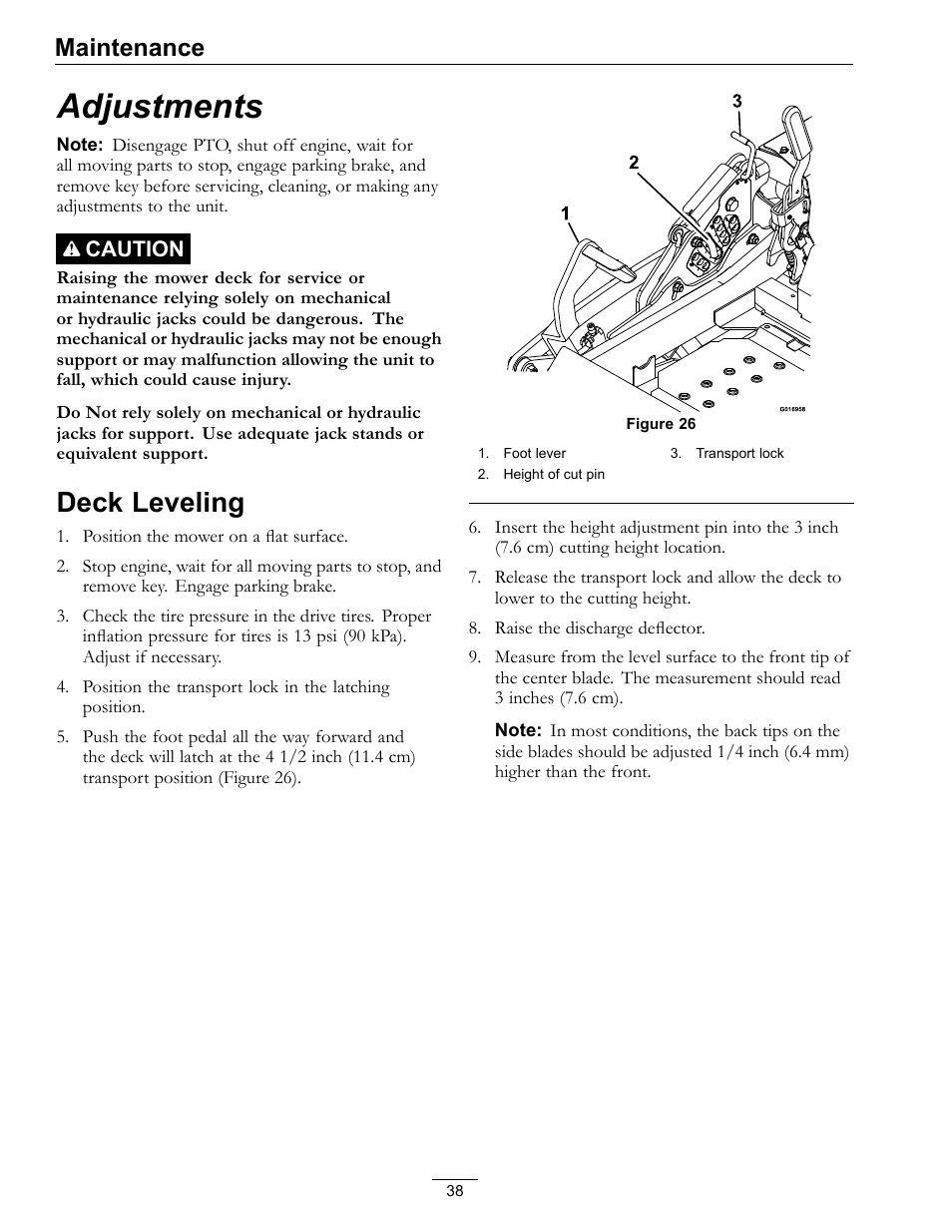 Adjustments, Deck leveling, Maintenance | Exmark lazer Z E-Series 312 User Manual | Page 38 / 60