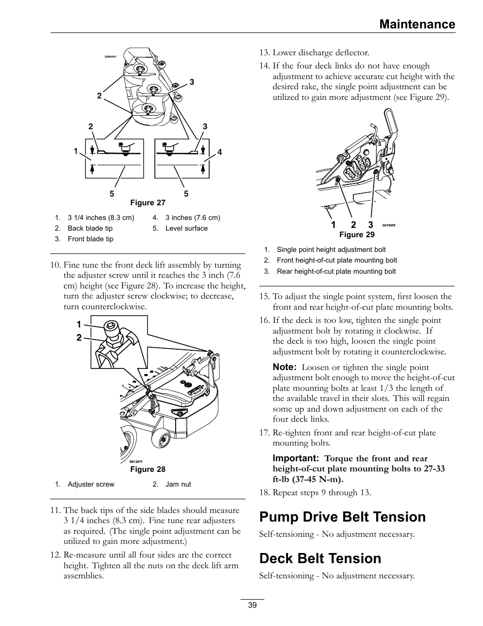 Pump drive belt tension deck belt tension, Pump drive belt tension, Deck belt tension | Maintenance | Exmark lazer Z E-Series 312 User Manual | Page 39 / 60