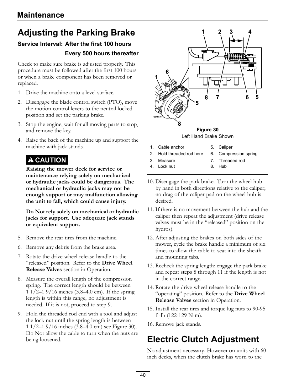 Adjusting the parking brake, Electric clutch adjustment, Maintenance | Caution | Exmark lazer Z E-Series 312 User Manual | Page 40 / 60