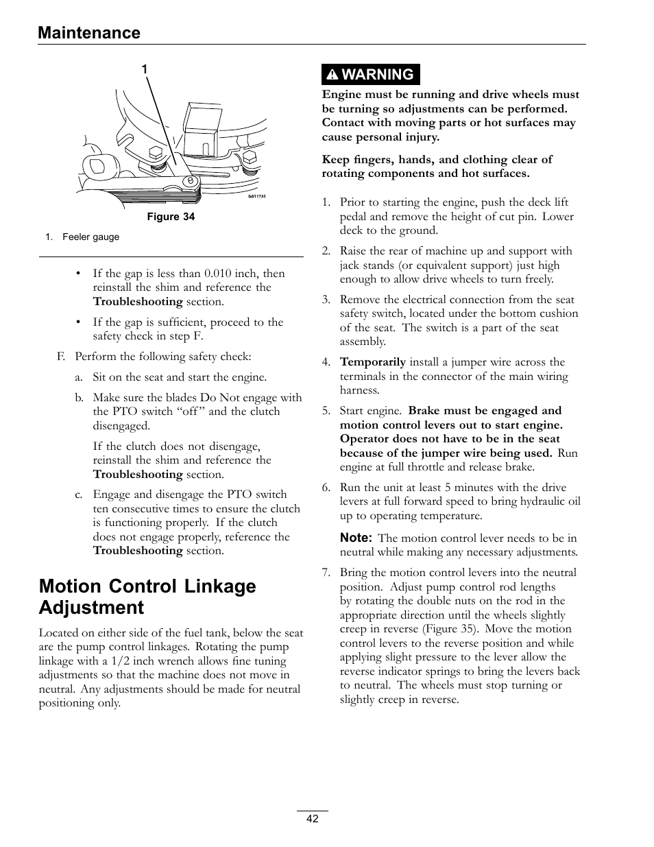 Motion control linkage adjustment, Maintenance | Exmark lazer Z E-Series 312 User Manual | Page 42 / 60