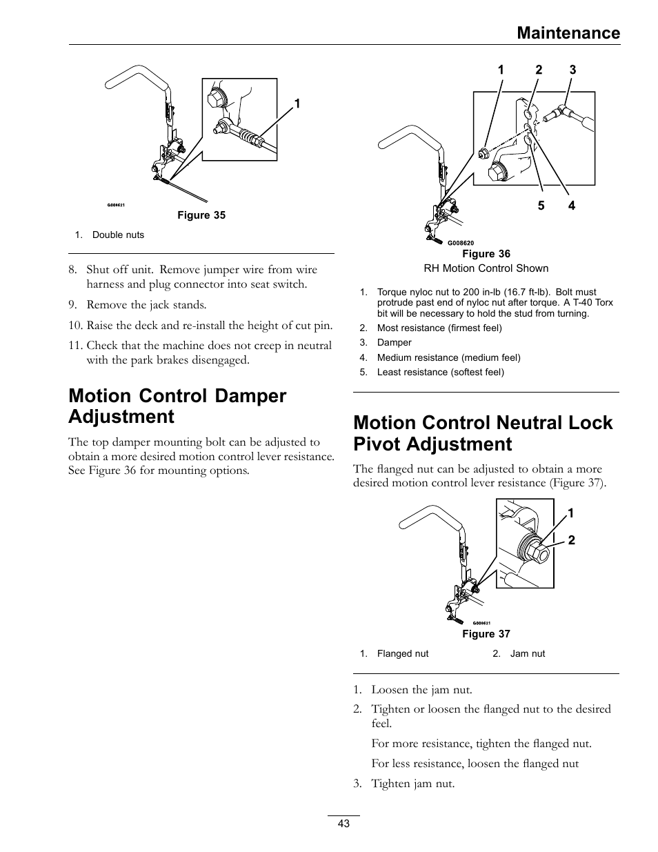 Adjustment, Motion control damper adjustment, Motion control neutral lock pivot adjustment | Maintenance | Exmark lazer Z E-Series 312 User Manual | Page 43 / 60