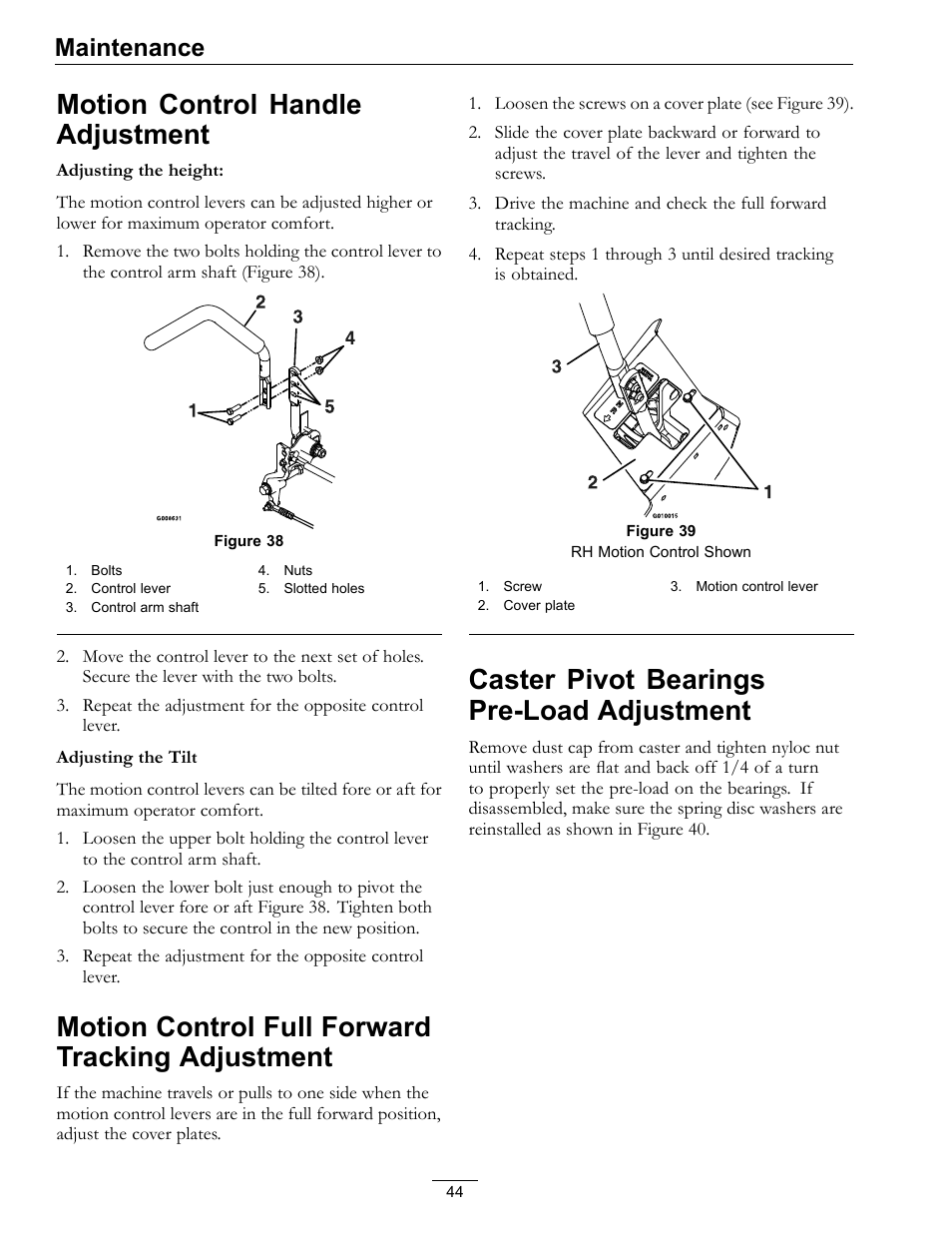 Adjustment, Caster pivot bearings pre-load, Motion control handle adjustment | Motion control full forward tracking adjustment, Caster pivot bearings pre-load adjustment, Maintenance | Exmark lazer Z E-Series 312 User Manual | Page 44 / 60