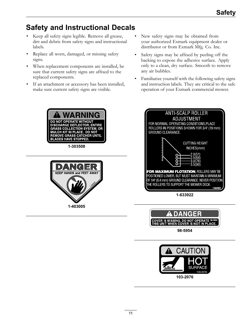 Safety and instructional decals, Safety | Exmark Lazer Z S-Series User Manual | Page 11 / 60