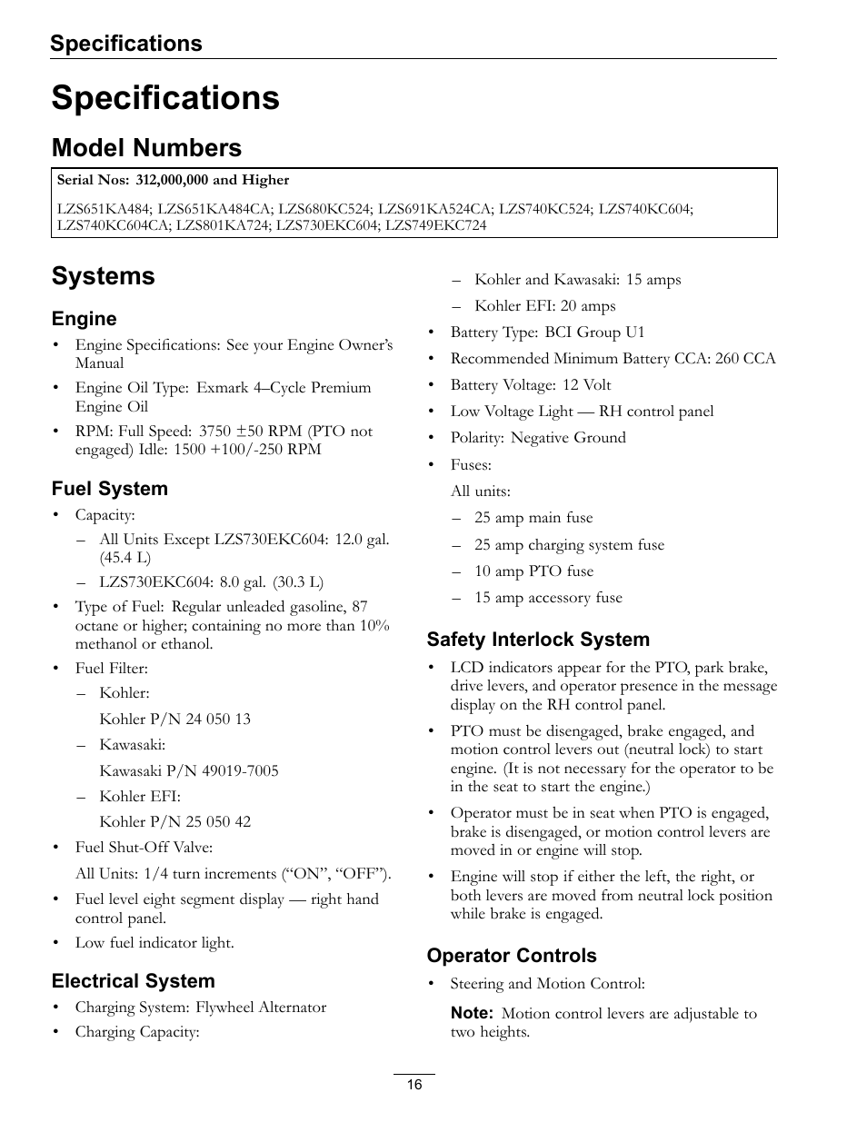 Specifications, Model numbers systems, Model numbers | Systems | Exmark Lazer Z S-Series User Manual | Page 16 / 60