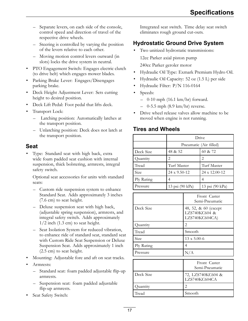 Specifications | Exmark Lazer Z S-Series User Manual | Page 17 / 60