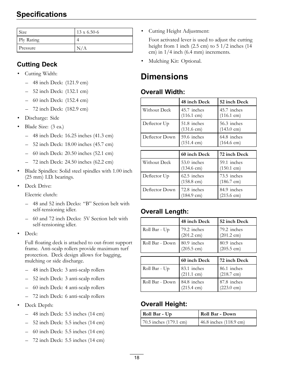 Dimensions, Specifications | Exmark Lazer Z S-Series User Manual | Page 18 / 60