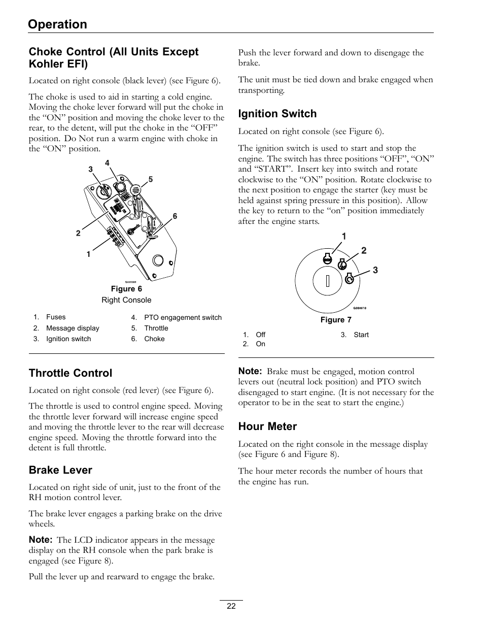 Operation, Choke control (all units except kohler efi), Throttle control | Brake lever, Ignition switch, Hour meter | Exmark Lazer Z S-Series User Manual | Page 22 / 60