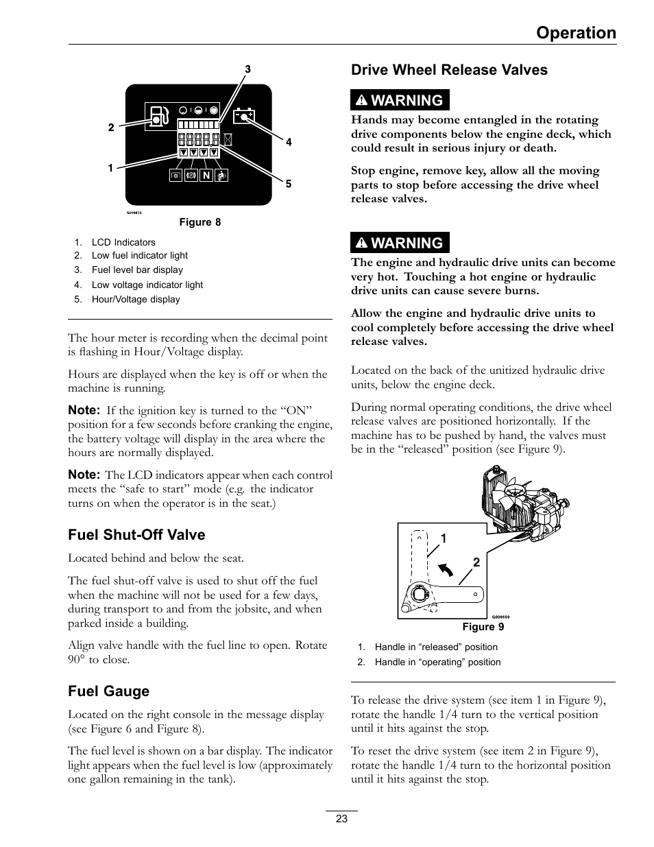 Figure 8, Operation, Fuel shut-off valve | Fuel gauge, Drive wheel release valves warning, Warning | Exmark Lazer Z S-Series User Manual | Page 23 / 60