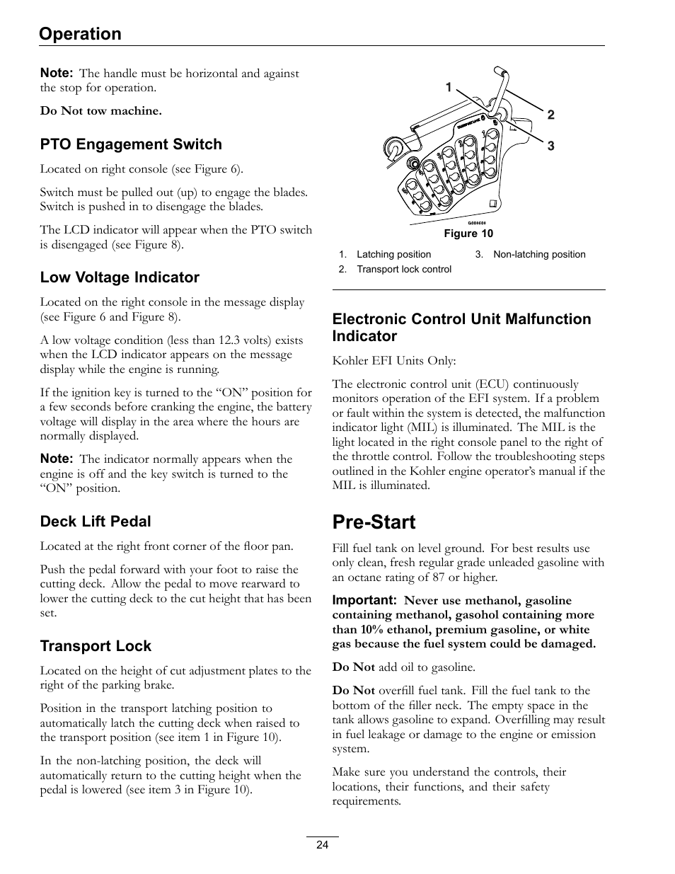 Pre-start, Operation | Exmark Lazer Z S-Series User Manual | Page 24 / 60