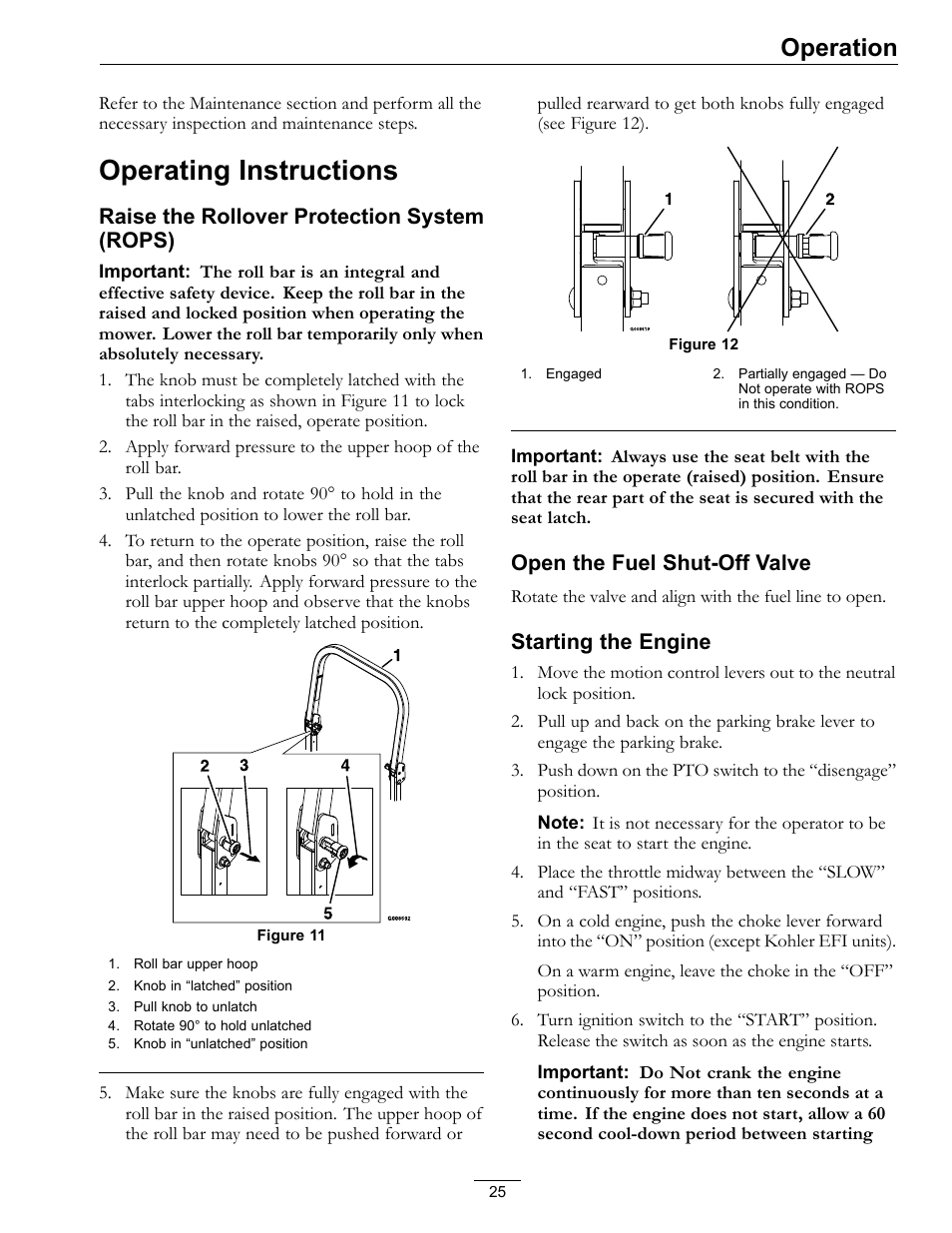 Operating instructions, Operation, Raise the rollover protection system (rops) | Open the fuel shut-off valve, Starting the engine | Exmark Lazer Z S-Series User Manual | Page 25 / 60