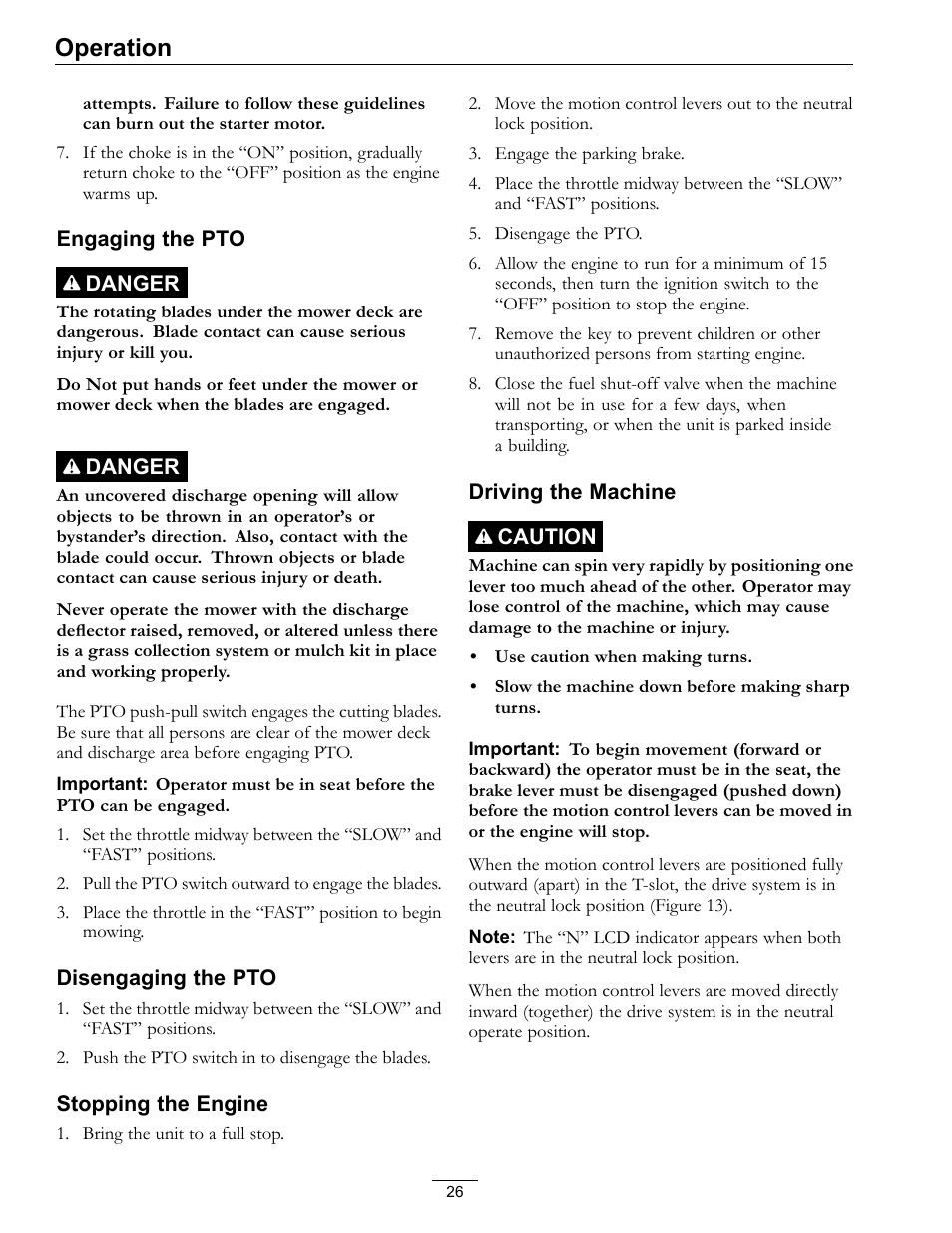 Operation | Exmark Lazer Z S-Series User Manual | Page 26 / 60