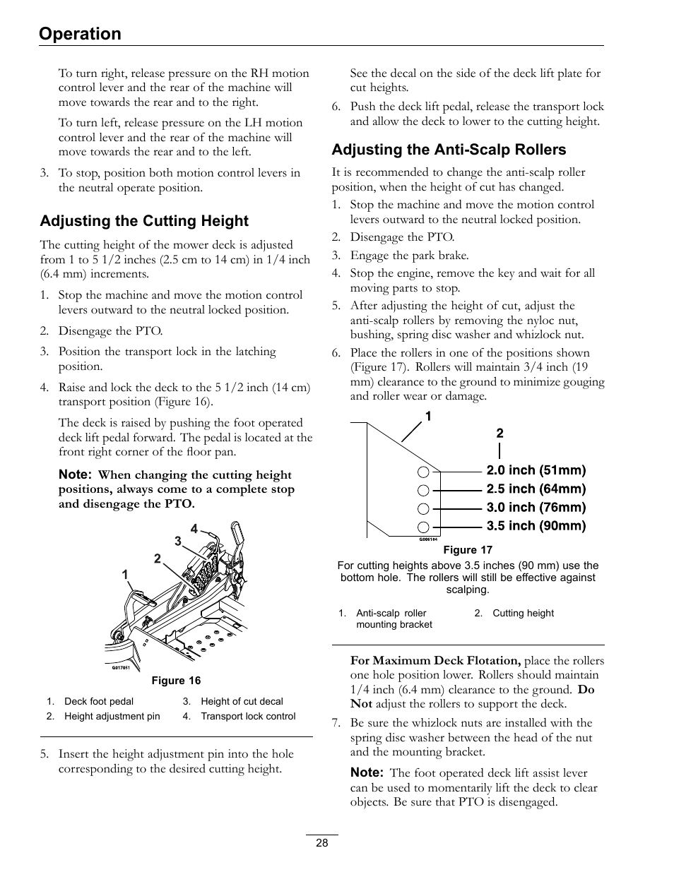 Operation, Adjusting the cutting height, Adjusting the anti-scalp rollers | Exmark Lazer Z S-Series User Manual | Page 28 / 60