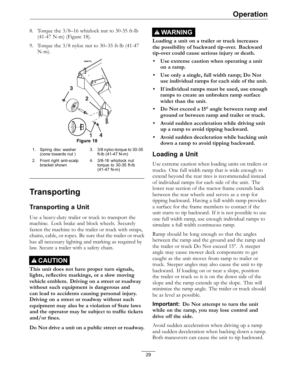 Transporting, Operation, Transporting a unit | Caution, Warning, Loading a unit | Exmark Lazer Z S-Series User Manual | Page 29 / 60