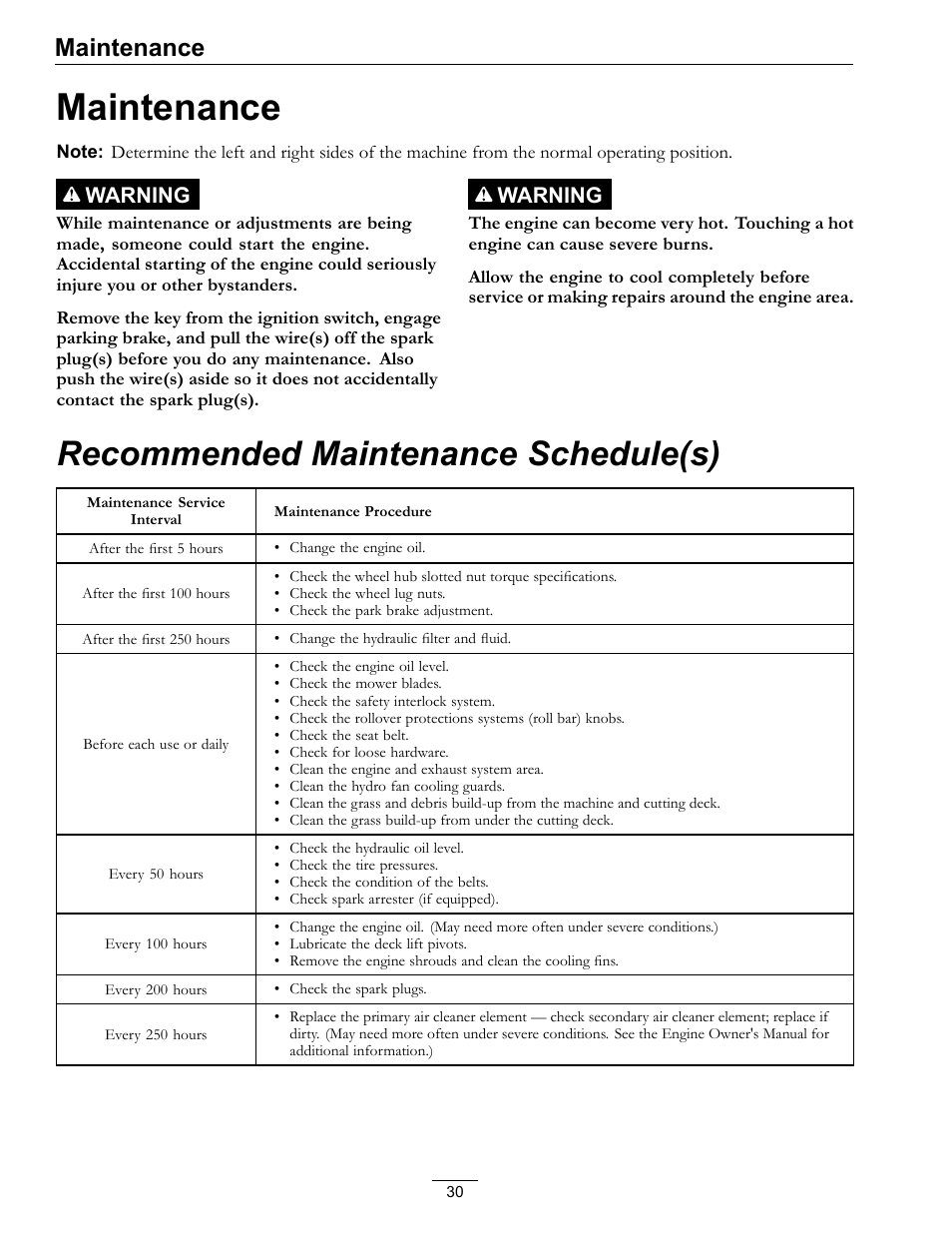 Maintenance, Recommended maintenance schedule(s), Warning | Exmark Lazer Z S-Series User Manual | Page 30 / 60