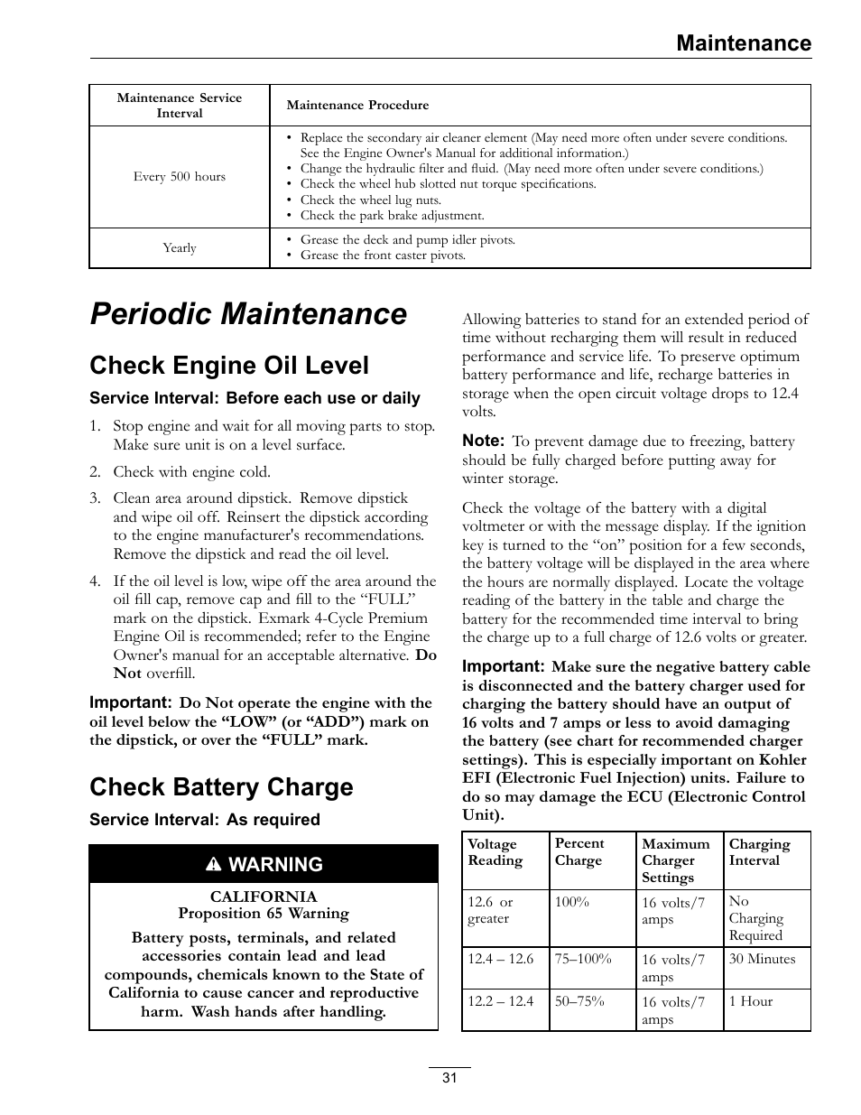 Periodic maintenance, Check engine oil level, Check battery charge | Maintenance | Exmark Lazer Z S-Series User Manual | Page 31 / 60