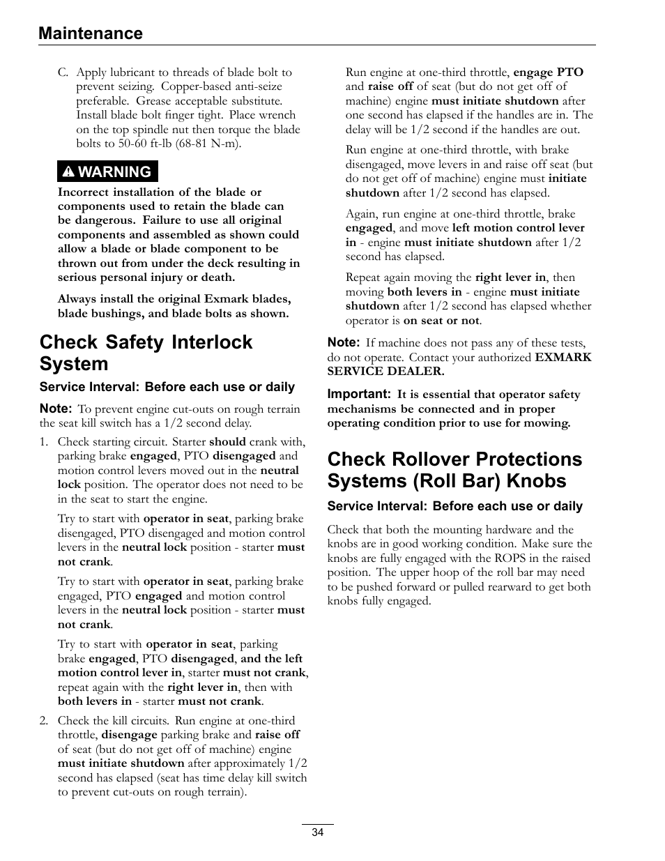 Bar) knobs, Check safety interlock system, Maintenance | Exmark Lazer Z S-Series User Manual | Page 34 / 60