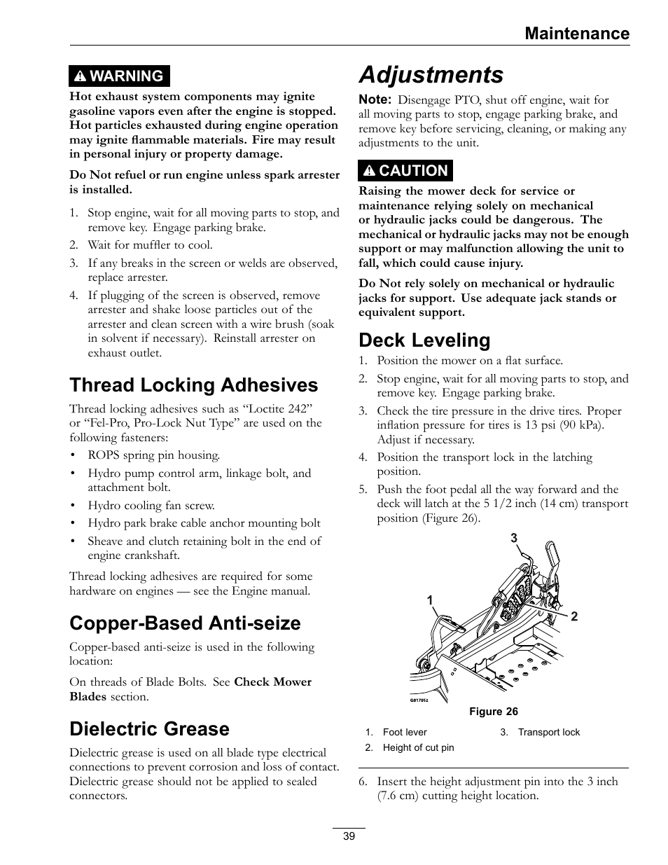 Adjustments, Deck leveling, Thread locking adhesives | Copper-based anti-seize, Dielectric grease, Maintenance | Exmark Lazer Z S-Series User Manual | Page 39 / 60