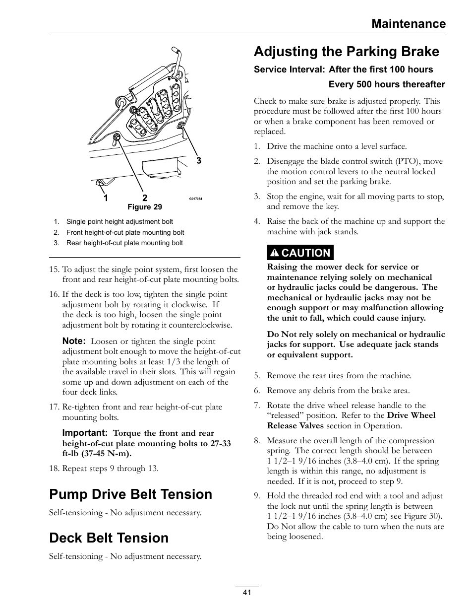 Pump drive belt tension, Deck belt tension, Adjusting the parking brake | Maintenance | Exmark Lazer Z S-Series User Manual | Page 41 / 60