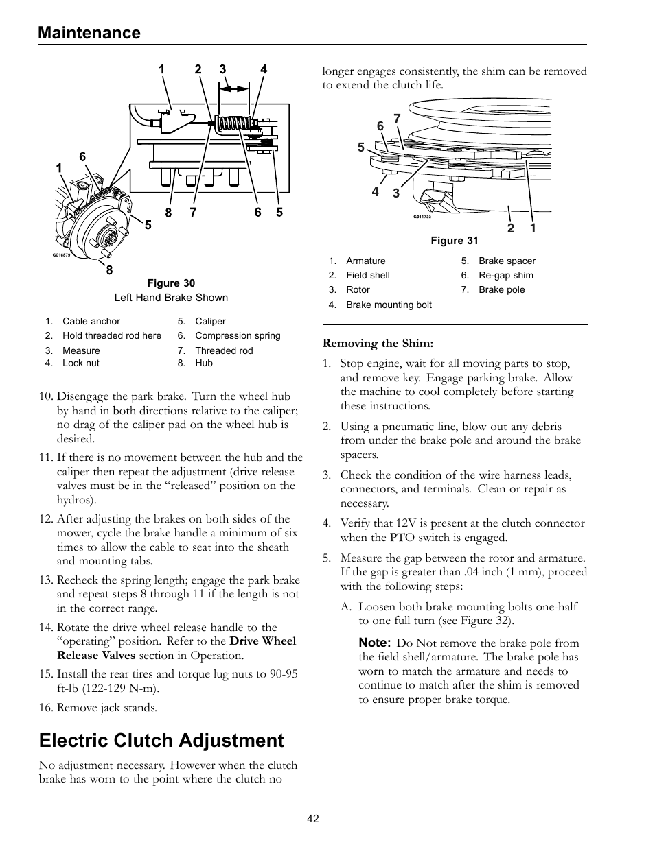 Electric clutch adjustment, Figure 30, Maintenance | Exmark Lazer Z S-Series User Manual | Page 42 / 60