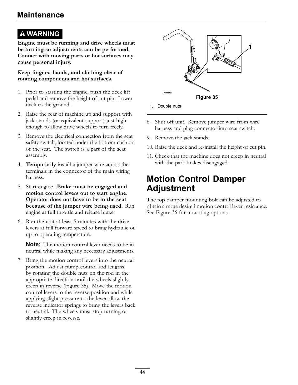 Motion control damper adjustment, Maintenance | Exmark Lazer Z S-Series User Manual | Page 44 / 60