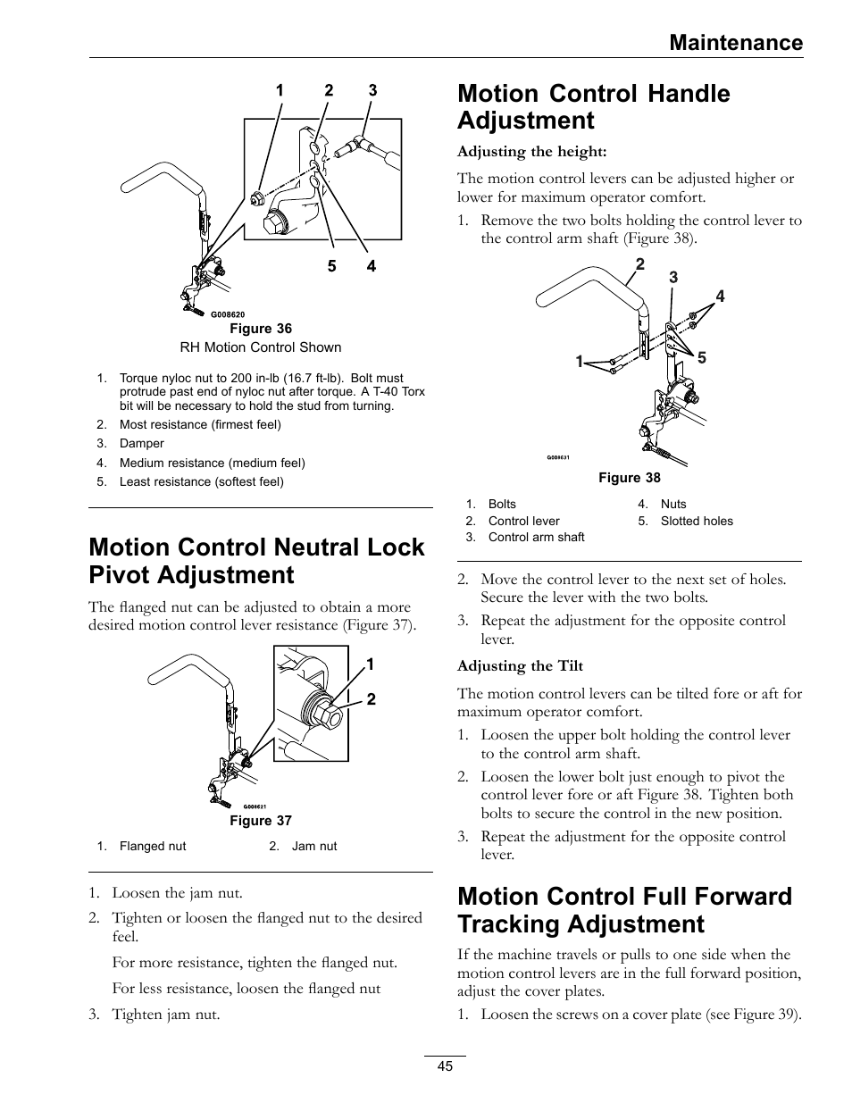 Motion control neutral lock pivot, Adjustment, Motion control neutral lock pivot adjustment | Motion control handle adjustment, Motion control full forward tracking adjustment, Maintenance | Exmark Lazer Z S-Series User Manual | Page 45 / 60