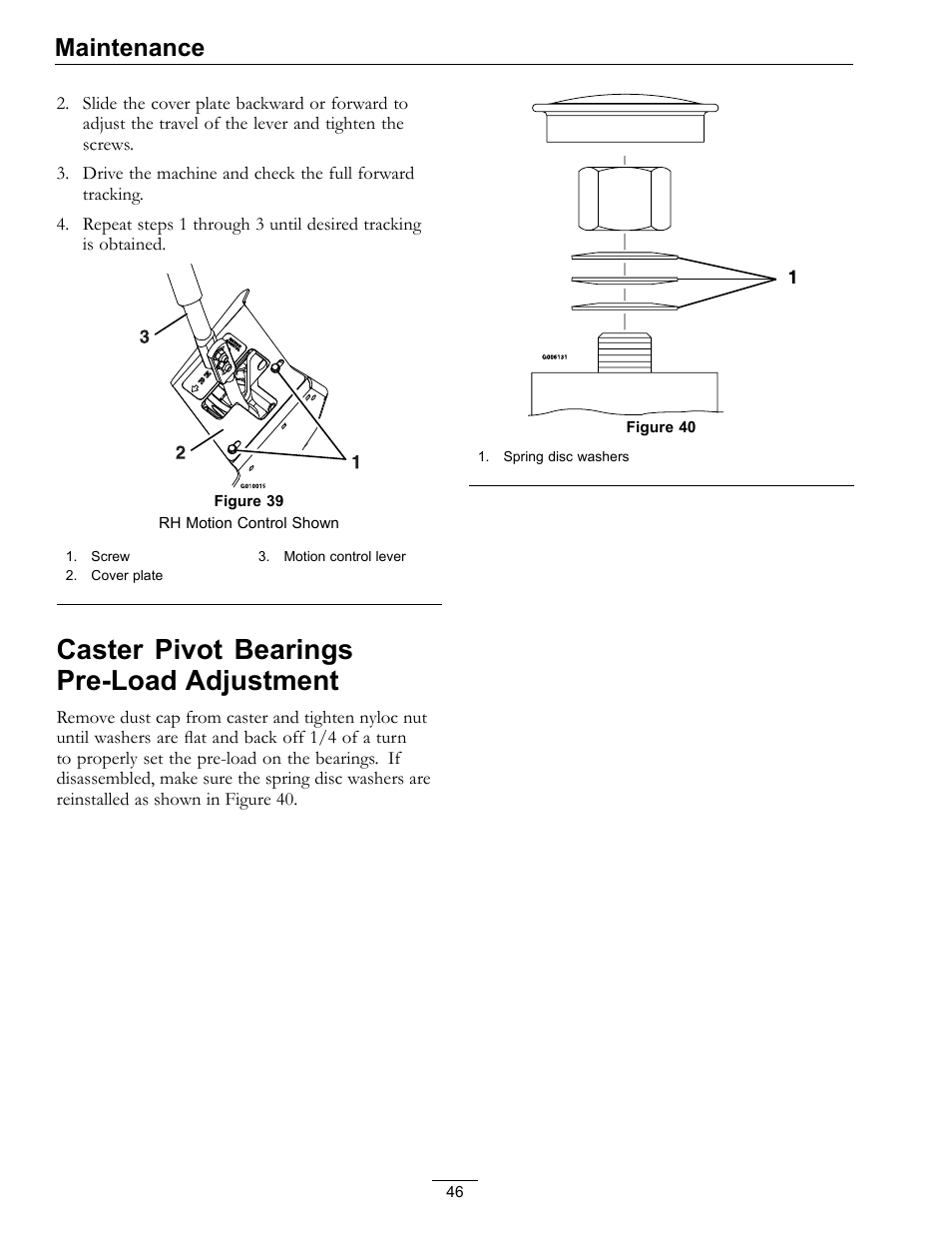 Caster pivot bearings pre-load, Adjustment, Figure 39) | Caster pivot bearings pre-load adjustment, Maintenance | Exmark Lazer Z S-Series User Manual | Page 46 / 60