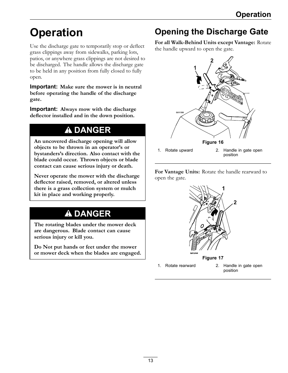 Operation, Opening the discharge gate, Danger | Exmark Operator Controlled Discharge for Walk-Behind Units OCDWB01 User Manual | Page 13 / 20