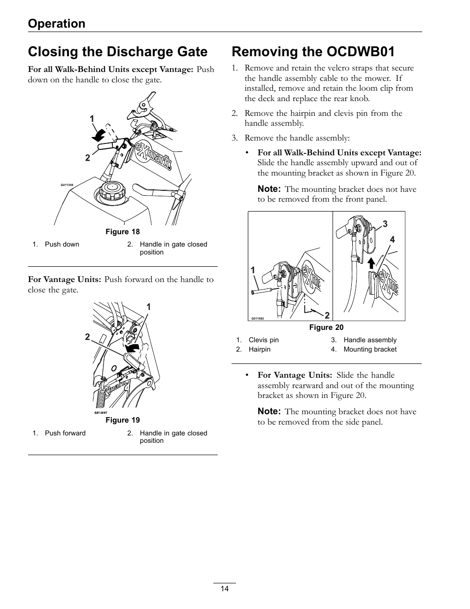 Closing the discharge gate removing the ocdwb01, Closing the discharge gate, Removing the ocdwb01 | Operation | Exmark Operator Controlled Discharge for Walk-Behind Units OCDWB01 User Manual | Page 14 / 20