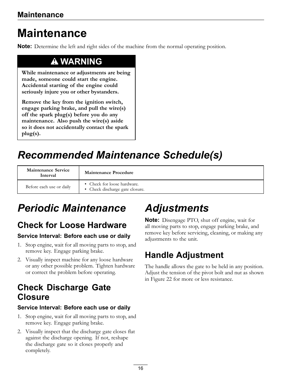 Maintenance, Adjustments, Handle adjustment | Recommended maintenance schedule(s), Periodic maintenance, Warning, Check for loose hardware, Check discharge gate closure | Exmark Operator Controlled Discharge for Walk-Behind Units OCDWB01 User Manual | Page 16 / 20