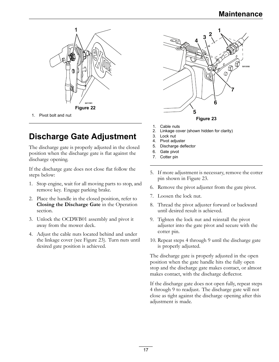 Discharge gate adjustment, Maintenance | Exmark Operator Controlled Discharge for Walk-Behind Units OCDWB01 User Manual | Page 17 / 20