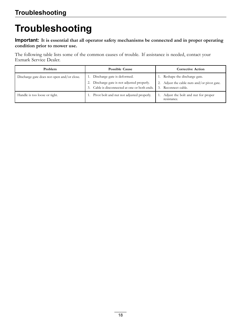 Troubleshooting | Exmark Operator Controlled Discharge for Walk-Behind Units OCDWB01 User Manual | Page 18 / 20