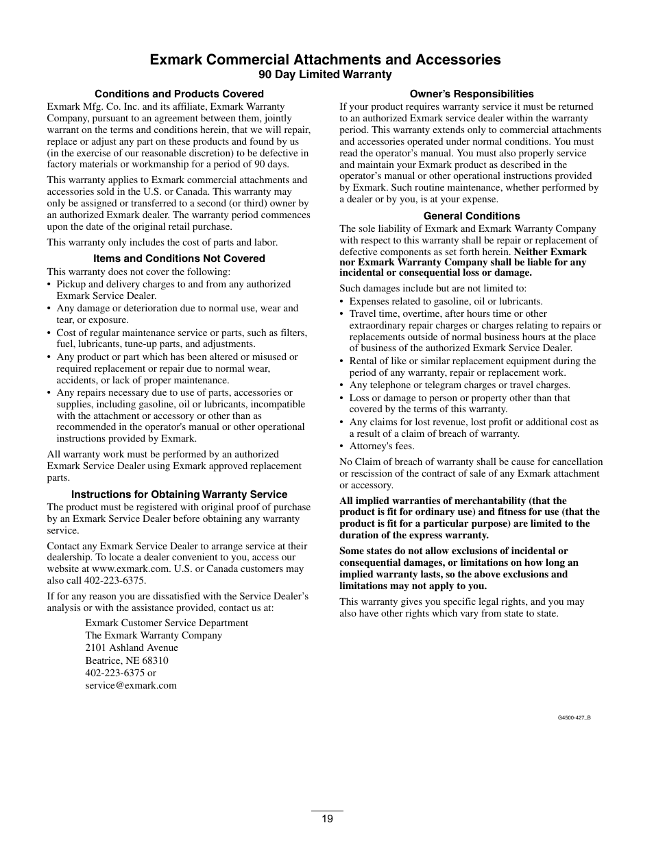 Exmark commercial attachments and accessories | Exmark Operator Controlled Discharge for Walk-Behind Units OCDWB01 User Manual | Page 19 / 20