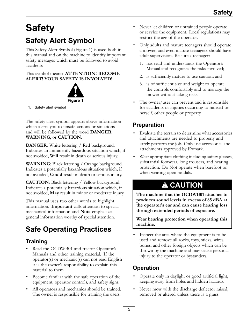 Safety, Safety alert symbol safe operating practices, Safety alert symbol | Safe operating practices, Caution | Exmark Operator Controlled Discharge for Walk-Behind Units OCDWB01 User Manual | Page 5 / 20
