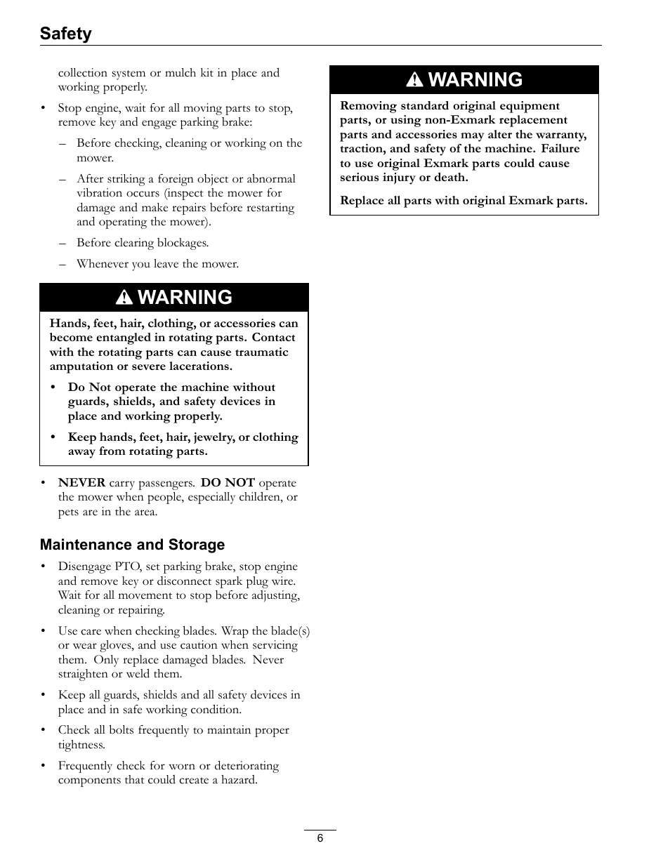 Warning, Safety | Exmark Operator Controlled Discharge for Walk-Behind Units OCDWB01 User Manual | Page 6 / 20