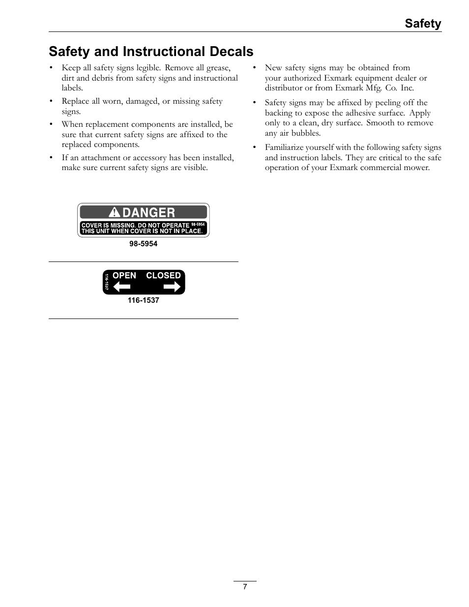 Safety and instructional decals, Safety | Exmark Operator Controlled Discharge for Walk-Behind Units OCDWB01 User Manual | Page 7 / 20