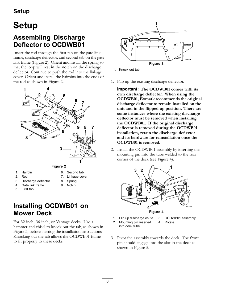 Setup, Assembling discharge deflector to, Ocdwb01 | Installing ocdwb01 on mower, Deck, Assembling discharge deflector to ocdwb01, Installing ocdwb01 on mower deck | Exmark Operator Controlled Discharge for Walk-Behind Units OCDWB01 User Manual | Page 8 / 20