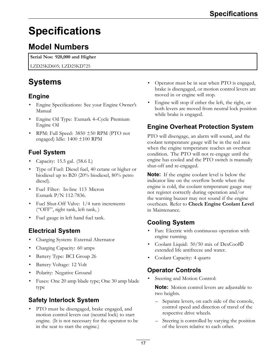 Specifications, Model numbers systems, Model numbers | Systems | Exmark LAZER Z D-SERIES Mower 920 User Manual | Page 17 / 60