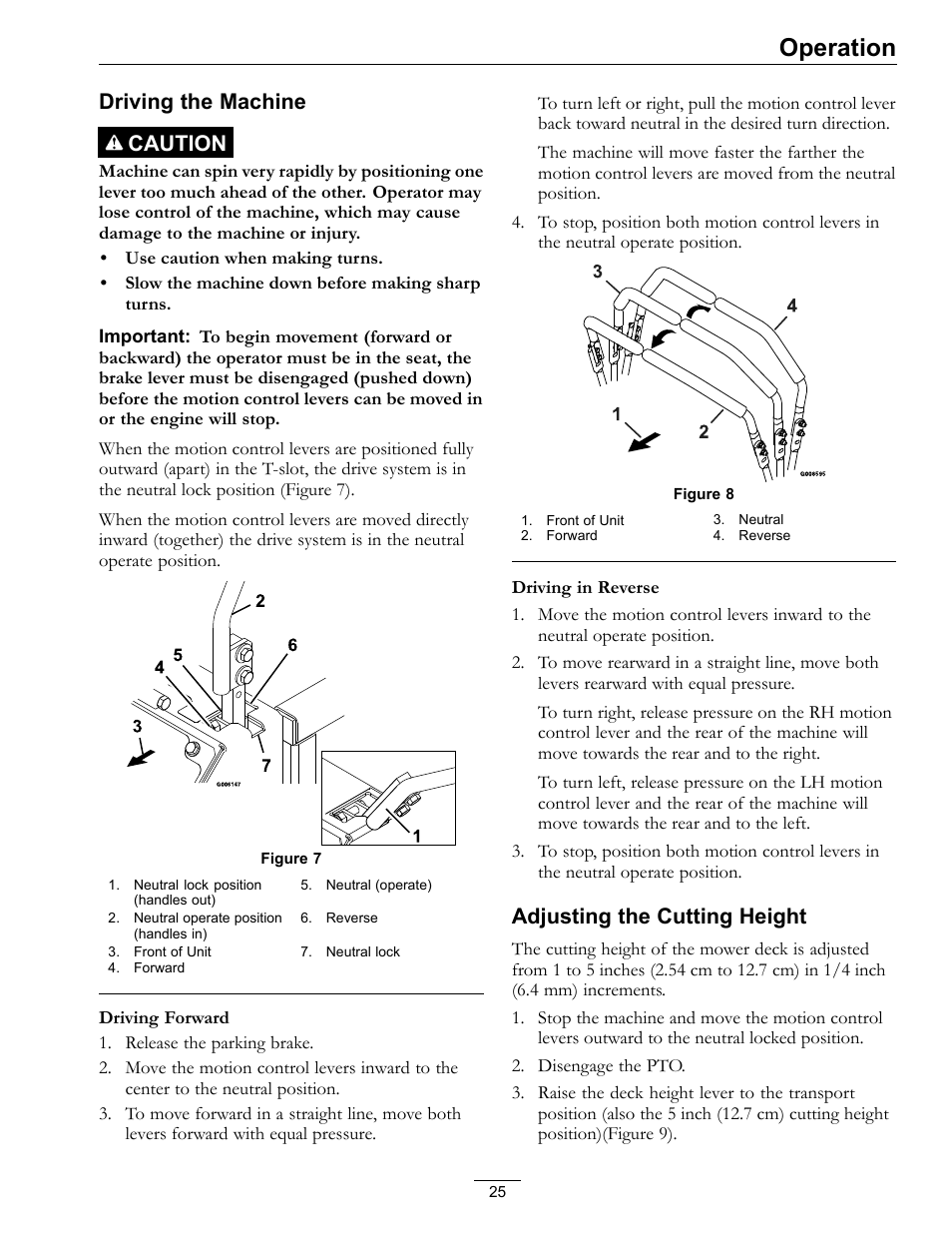 Operation, Driving the machine caution, Adjusting the cutting height | Exmark LAZER Z D-SERIES Mower 920 User Manual | Page 25 / 60