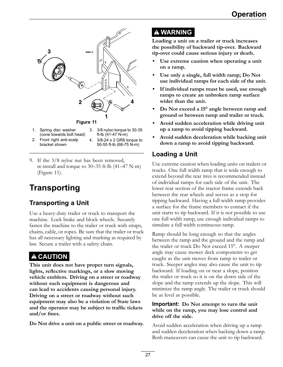 Transporting, Operation, Transporting a unit | Caution, Warning, Loading a unit | Exmark LAZER Z D-SERIES Mower 920 User Manual | Page 27 / 60